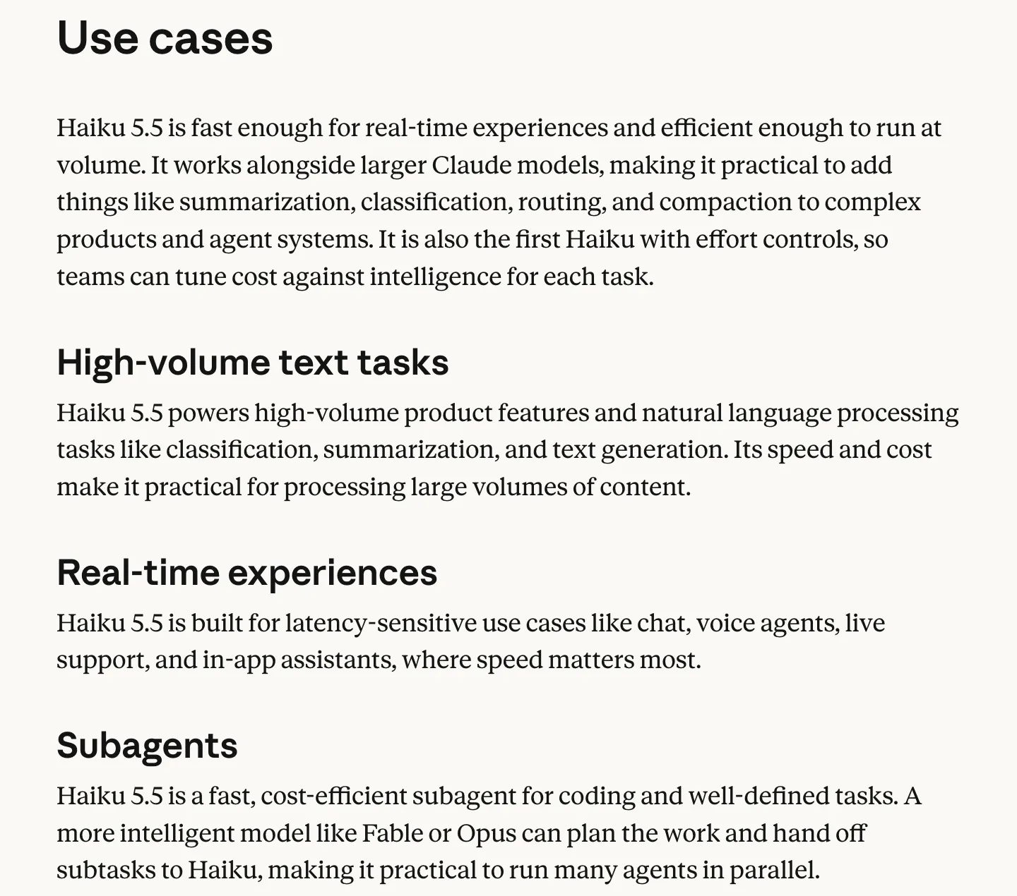 Use cases section of Anthropic's Claude Haiku page: high-volume text tasks, real-time experiences and subagents