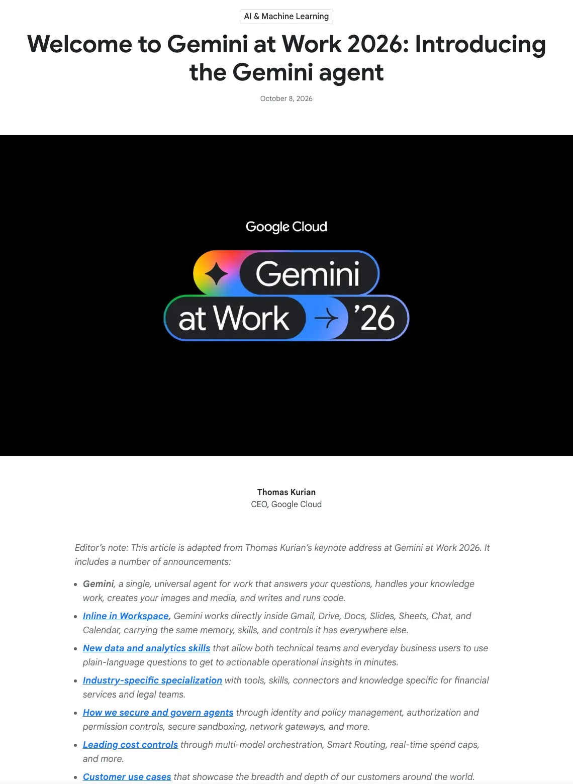 Google Cloud blog post "Welcome to Gemini at Work 2026: Introducing the Gemini agent", dated October 8, 2026, with a list of announcements