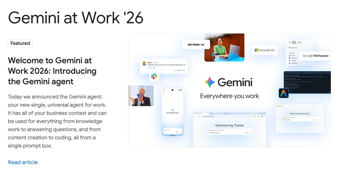 Google Cloud Press Corner page showing the Gemini agent "Everywhere you work" across Slack, Microsoft 365, Google Workspace, ServiceNow, mobile and desktop