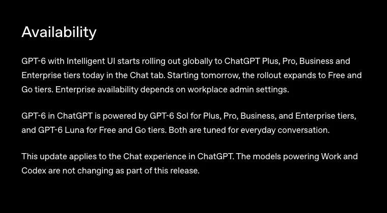 Availability section of OpenAI's GPT-6 announcement: rollout to Plus, Pro, Business and Enterprise, then Free and Go, with GPT-6 Sol and GPT-6 Luna