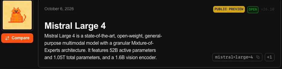 Mistral documentation card for Mistral Large 4 marked Public Preview, listing 52B active and 1.05T total parameters