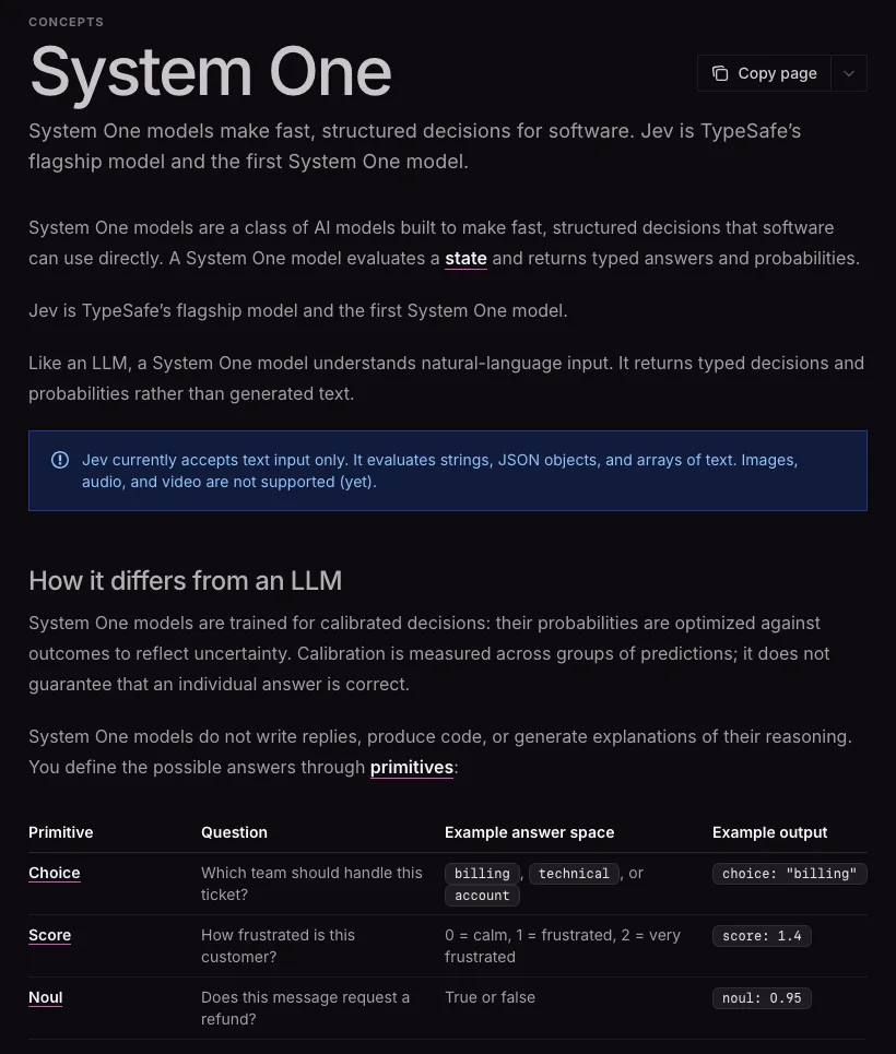 TypeSafe documentation page "System One" explaining Jev, with example questions: which team should handle a ticket, how frustrated a customer is, and whether a message requests a refund